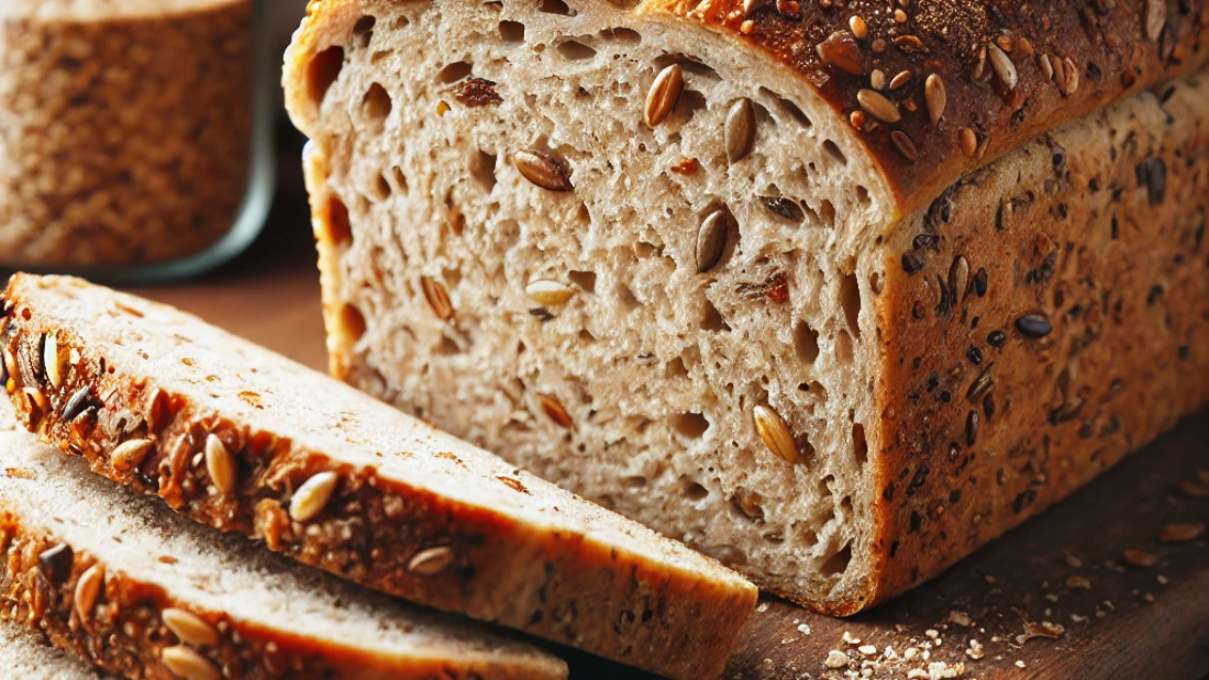 DALL·E 2024-10-05 11.53.20 - A sliced loaf of multigrain bread, showing the texture of the bread with visible seeds and grains. The bread has a rustic, hearty appearance, with a g