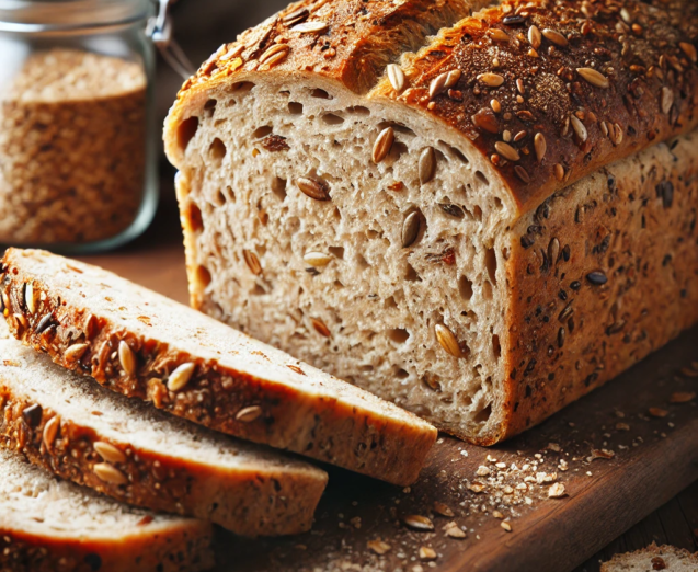 DALL·E 2024-10-05 11.53.20 - A sliced loaf of multigrain bread, showing the texture of the bread with visible seeds and grains. The bread has a rustic, hearty appearance, with a g