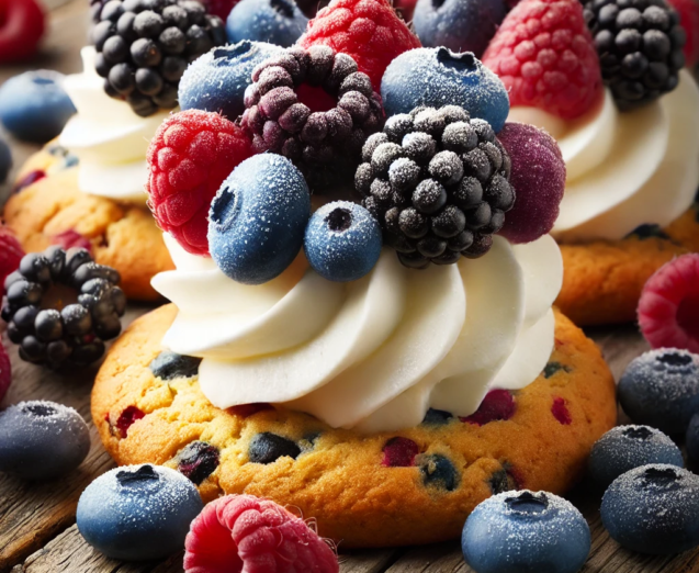 DALL·E 2024-10-05 12.04.50 - A detailed close-up image of freshly baked cookies topped with whipped cream and garnished with a mix of forest berries, including blueberries, raspbe