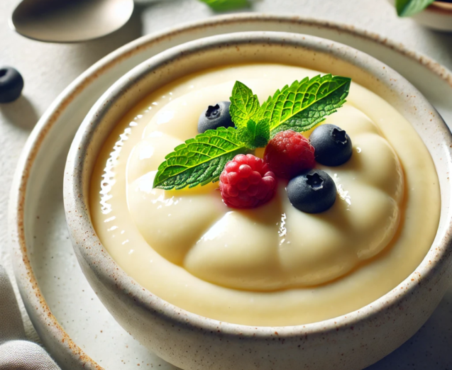 DALL·E 2024-10-05 12.13.12 - A bowl of creamy vanilla pudding made from millet flour, presented on a light background. The pudding has a smooth, thick texture with a subtle shine,