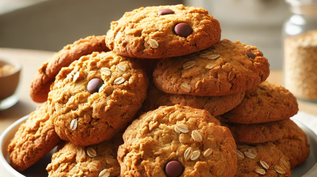 DALL·E 2024-10-05 12.23.55 - A plate of freshly baked oatmeal cookies, golden brown and slightly crispy on the edges. The cookies have a rustic appearance with visible oats and a