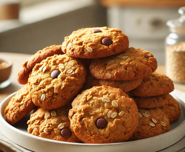 DALL·E 2024-10-05 12.23.55 - A plate of freshly baked oatmeal cookies, golden brown and slightly crispy on the edges. The cookies have a rustic appearance with visible oats and a