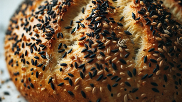 DALL·E 2024-10-05 12.33.59 - A close-up of freshly baked bread topped with nigella seeds (czarnuszka). The bread has a golden-brown crust, sprinkled generously with the tiny black