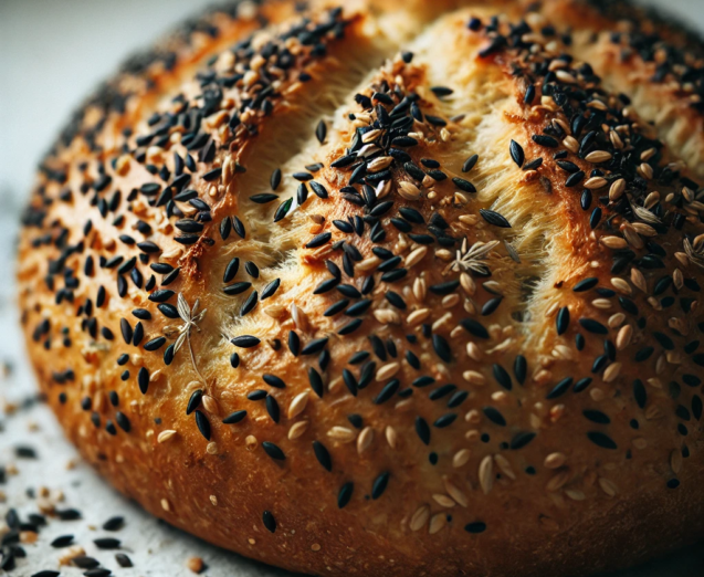 DALL·E 2024-10-05 12.33.59 - A close-up of freshly baked bread topped with nigella seeds (czarnuszka). The bread has a golden-brown crust, sprinkled generously with the tiny black