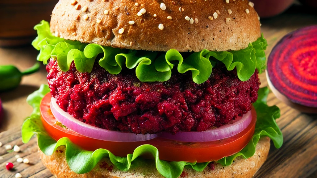 DALL·E 2024-10-05 12.45.33 - A burger made from roasted beets and millet. The burger patty is vibrant deep red from the beets and has a rustic texture, with bits of grains from th