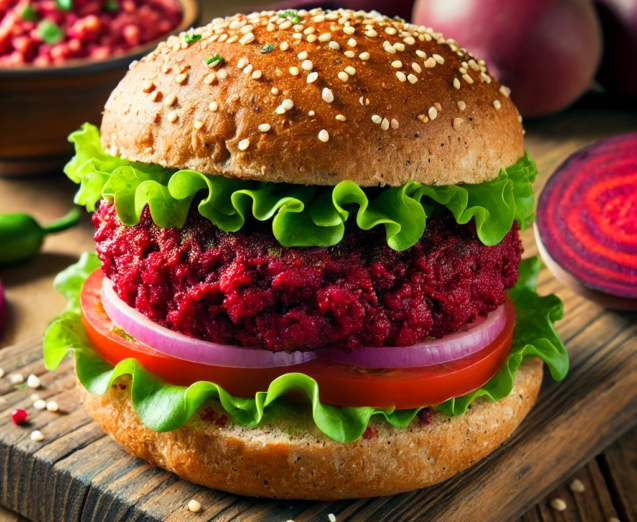 DALL·E 2024-10-05 12.45.33 - A burger made from roasted beets and millet. The burger patty is vibrant deep red from the beets and has a rustic texture, with bits of grains from th