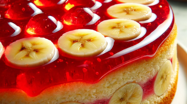 DALL·E 2024-10-06 11.39.28 - A detailed image of a banana cake topped with jelly. The cake has a moist and fluffy texture, with visible banana pieces embedded in it. The jelly on