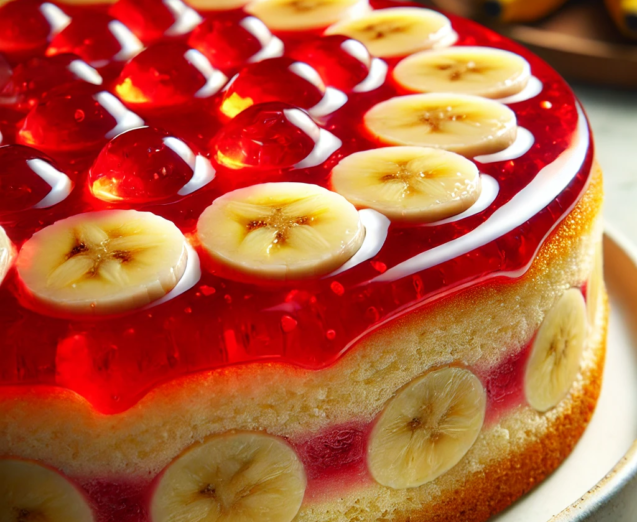 DALL·E 2024-10-06 11.39.28 - A detailed image of a banana cake topped with jelly. The cake has a moist and fluffy texture, with visible banana pieces embedded in it. The jelly on