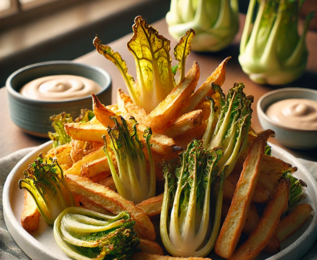 DALL·E 2024-10-06 11.52.26 - A plate of crispy kohlrabi fries, golden brown on the edges, served with a dipping sauce. The fries have a slightly rustic texture with some green und