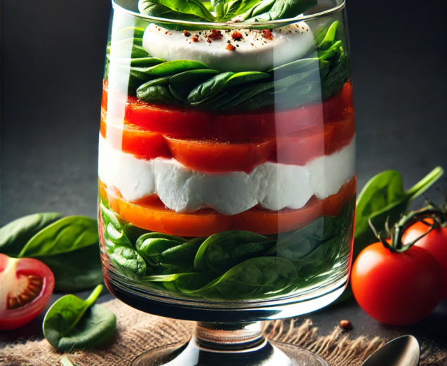 DALL·E 2024-10-06 12.02.59 - A verrine dish with visible layers of spinach, tomatoes, and mascarpone, elegantly presented in a large glass goblet. The dish showcases distinct, col