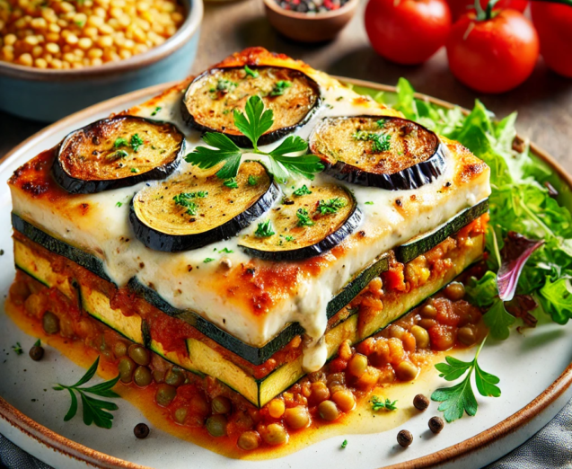 DALL·E 2024-10-07 08.30.58 - A serving of vegetarian moussaka on a white plate. The dish is beautifully layered with roasted eggplant slices, zucchini, and a rich tomato-based sau