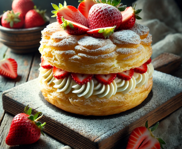 DALL·E 2024-10-10 12.53.11 - A Polish dessert called 'karpatka', consisting of two layers of light, airy choux pastry filled with a creamy vanilla custard. The top of the pastry i