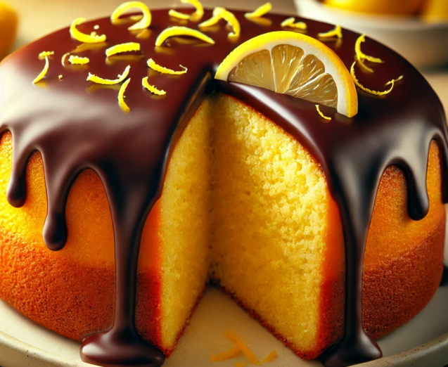 DALL·E 2024-10-11 07.25.08 - A lemon cake topped with a rich chocolate glaze. The cake has a soft, moist texture and is cut into a neat slice, revealing its golden yellow interior