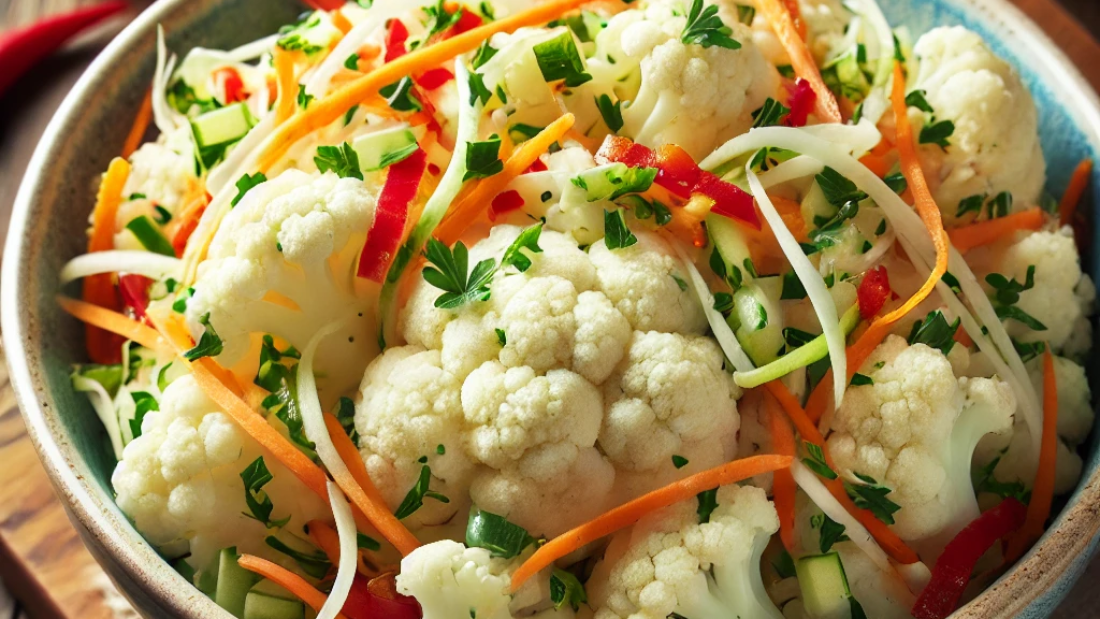 DALL·E 2024-10-11 07.38.26 - A bowl of cauliflower salad. The salad includes finely shredded raw cauliflower, thin slices of colorful vegetables like carrots, red bell peppers, an