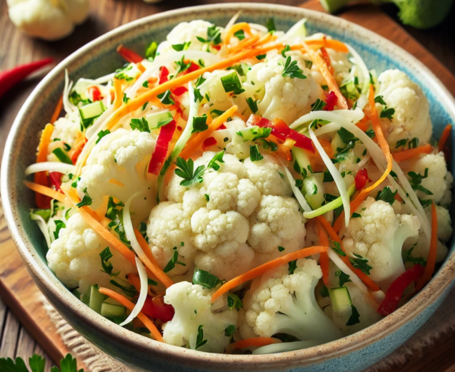 DALL·E 2024-10-11 07.38.26 - A bowl of cauliflower salad. The salad includes finely shredded raw cauliflower, thin slices of colorful vegetables like carrots, red bell peppers, an