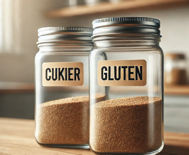 DALL·E 2024-10-12 05.52.08 - Two glass containers placed side by side on a wooden countertop. Each container is transparent with simple metal lids. One container has a label that