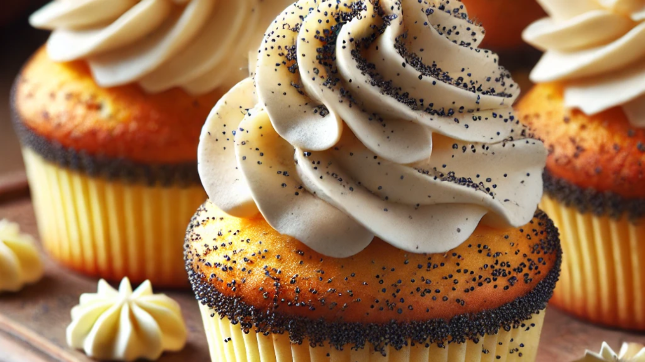 DALL·E 2024-10-16 09.01.39 - A detailed image of poppy seed cupcakes topped with smooth custard cream. The cupcakes have a light golden color with visible poppy seeds inside, and