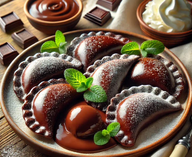 DALL·E 2024-11-01 16.15.15 - A plate of chocolate pierogi served elegantly on a wooden table. The dumplings are a rich, dark brown chocolate color, with a slight glossy finish. So