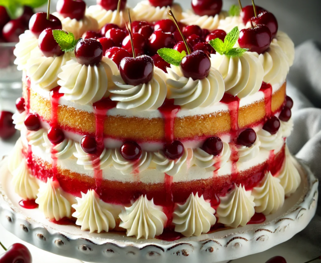 DALL·E 2024-11-10 12.07.01 - A beautifully decorated cherry and cream cake, showcasing layers of fluffy sponge cake with rich cherry filling and whipped cream. The cake is topped