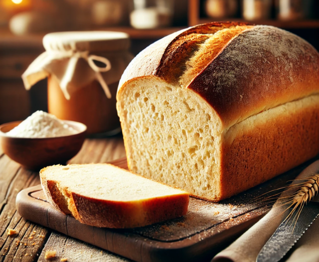 DALL·E 2024-11-15 15.32.36 - A freshly baked loaf of bread placed on a rustic wooden table, surrounded by crumbs and a light dusting of flour. The loaf is golden brown with a cris