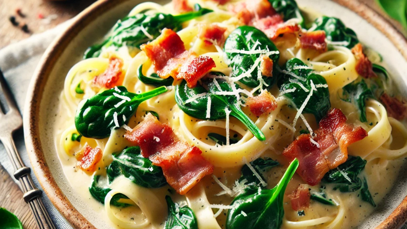DALL·E 2025-07-25 05.19.58 - A delicious plate of creamy pasta with bacon and spinach. The pasta is tagliatelle or fettuccine, generously coated in a rich cream sauce. Crispy baco