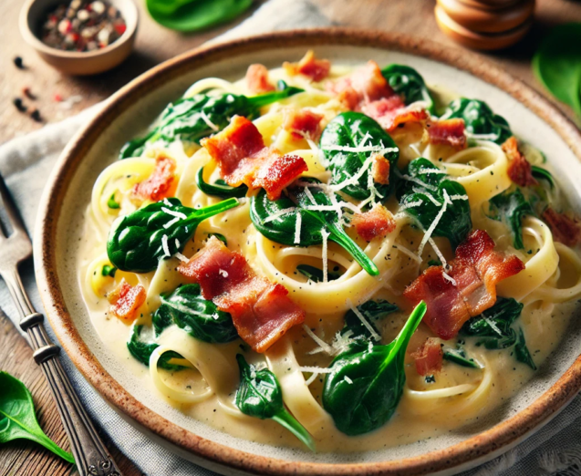DALL·E 2025-07-25 05.19.58 - A delicious plate of creamy pasta with bacon and spinach. The pasta is tagliatelle or fettuccine, generously coated in a rich cream sauce. Crispy baco