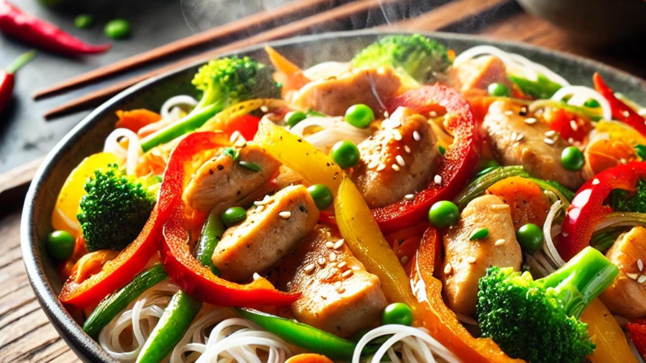 DALL·E 2025-07-25 05.26.27 - A vibrant and delicious dish of stir-fried chicken with rice noodles and colorful vegetables, served in a modern Asian-style bowl. The chicken pieces