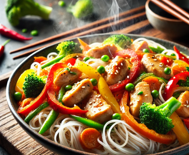 DALL·E 2025-07-25 05.26.27 - A vibrant and delicious dish of stir-fried chicken with rice noodles and colorful vegetables, served in a modern Asian-style bowl. The chicken pieces