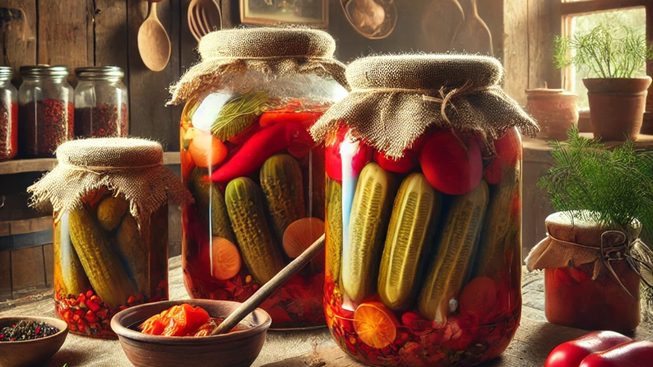 DALL·E 2025-07-27 06.23.32 - A rustic-style depiction of 'ogórki po cygańsku' (Gypsy-style pickled cucumbers). The scene features a wooden kitchen table with a rough linen cloth,