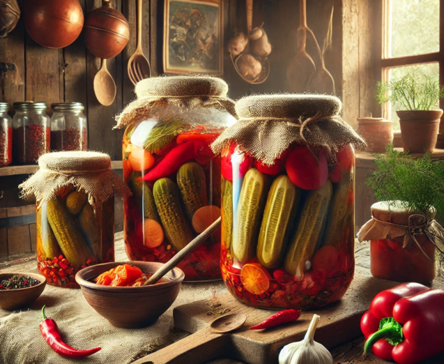 DALL·E 2025-07-27 06.23.32 - A rustic-style depiction of 'ogórki po cygańsku' (Gypsy-style pickled cucumbers). The scene features a wooden kitchen table with a rough linen cloth,