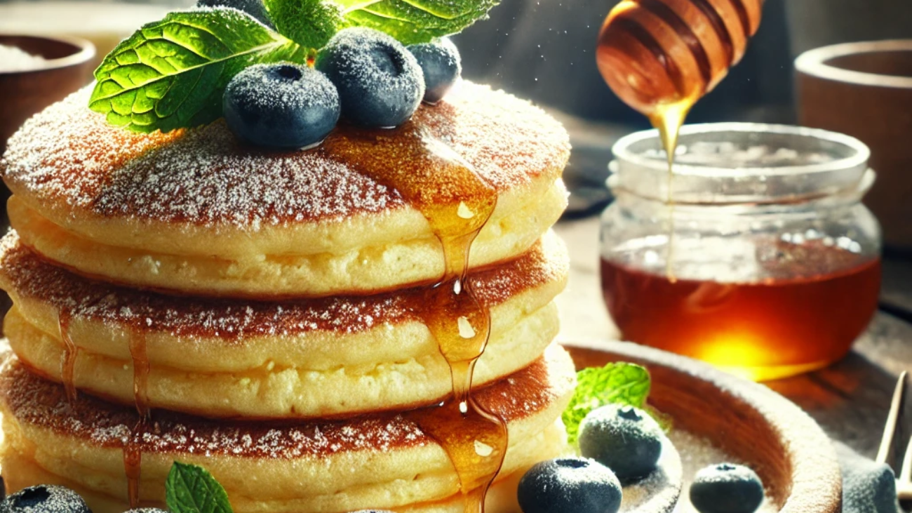 DALL·E 2025-08-12 05.56.37 - A realistic, high-resolution photograph-style image of fluffy golden ricotta pancakes stacked on a rustic wooden plate, lightly dusted with powdered s