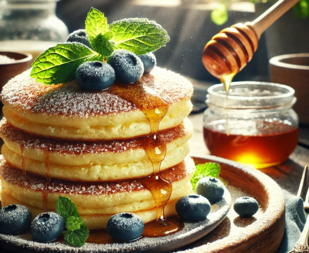 DALL·E 2025-08-12 05.56.37 - A realistic, high-resolution photograph-style image of fluffy golden ricotta pancakes stacked on a rustic wooden plate, lightly dusted with powdered s