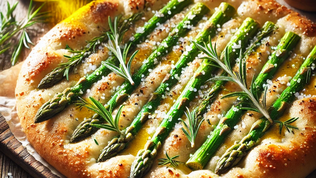 DALL·E 2025-08-11 07.41.06 - Realistic close-up photograph of a freshly baked focaccia topped with green asparagus spears, coarse sea salt, and fresh rosemary, golden brown crust