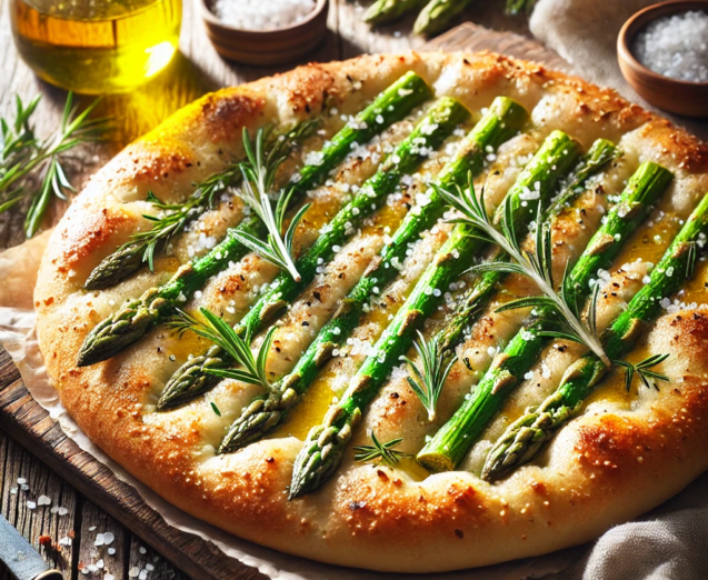 DALL·E 2025-08-11 07.41.06 - Realistic close-up photograph of a freshly baked focaccia topped with green asparagus spears, coarse sea salt, and fresh rosemary, golden brown crust