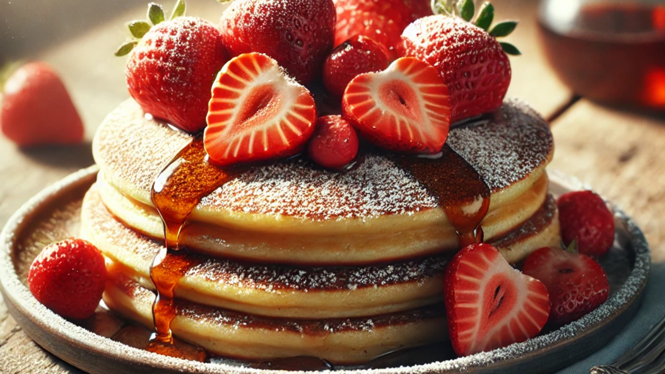 DALL·E 2025-08-12 05.49.08 - A realistic close-up of a plate with fluffy golden-brown pancakes topped with fresh strawberries, some halved and some whole, with powdered sugar spri