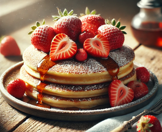 DALL·E 2025-08-12 05.49.08 - A realistic close-up of a plate with fluffy golden-brown pancakes topped with fresh strawberries, some halved and some whole, with powdered sugar spri