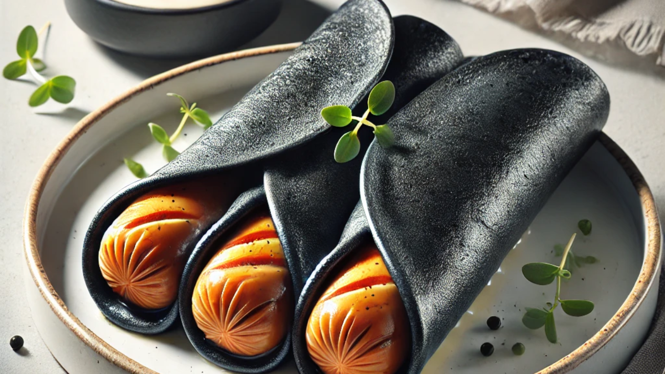 DALL·E 2025-08-17 07.30.06 - A hyper-realistic food photography style image for a culinary blog_ sausages wrapped inside black crepes. The black crepes are made with squid ink, th