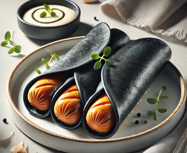 DALL·E 2025-08-17 07.30.06 - A hyper-realistic food photography style image for a culinary blog_ sausages wrapped inside black crepes. The black crepes are made with squid ink, th
